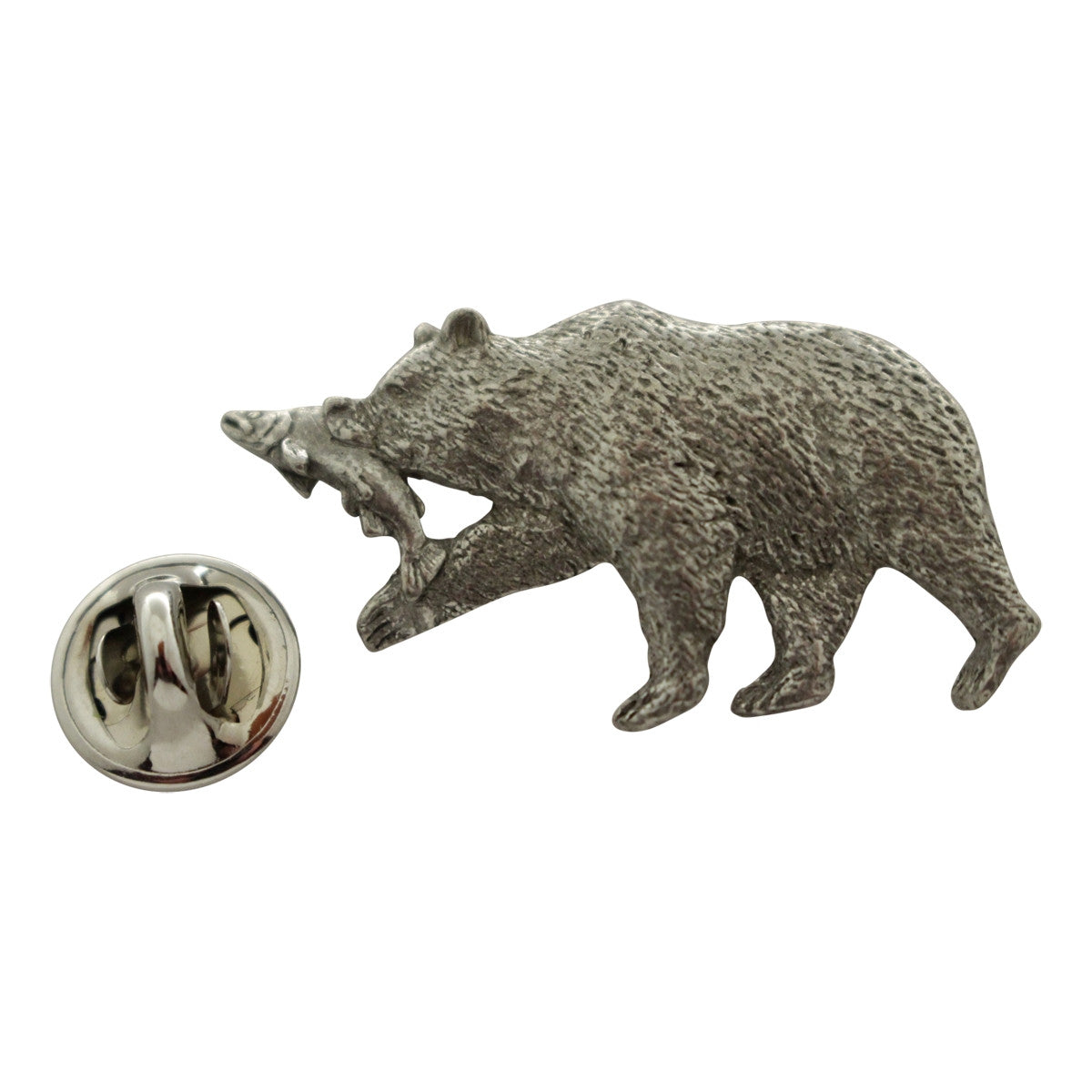 Brown Bear With Salmon Pin ~ Antiqued Pewter ~ Lapel Pin ~ Sarah's Treats & Treasures